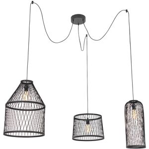 QAZQA Rural outdoor hanging lamp black rattan 3-light - Calamus - Black