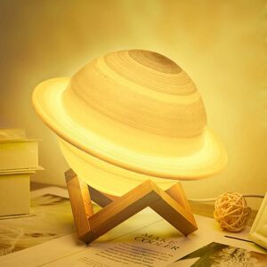 LANGRAY Moon Lamp 16 Colors Rechargeable led 3D Saturn Lamp 15CM Dimmable Night Lamp with Wooden Stand and Hanging Net, Remote Control and Touch Control