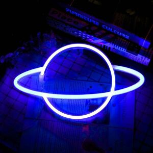 HOOPZI Planet Neon Light, Blue Pink Planet Neon Signs Light up Art Wall Decor Light-Waterproof led Night Light - Battery Operated or usb Planet Lamp for