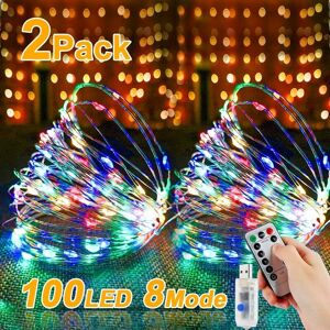 GROOFOO Led String Lights, 2 Pieces, 10 m, 100 led usb String Lights, Waterproof Wire with Switch, Copper Wire Ambient Light Chain for Bedroom, Indoor,