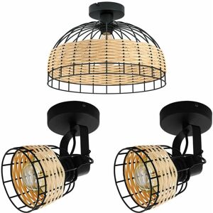 Loops - Low Ceiling Light & 2x Matching Wall Lights Black & Wicker Wood Cage Shade