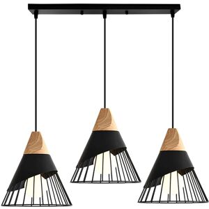 Wottes - Vintage Pendant Light Fixture Metal Wooden Hanging Light Adjustable Chandelier 3 Lights Black