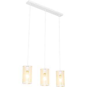 QAZQA Retro hanging lamp white with rattan 3-light elongated - Akira - White