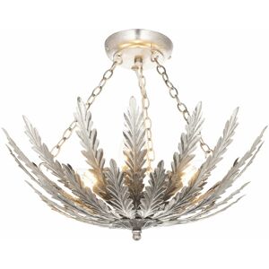 LOOPS Ornate Silver Flush Ceiling Light Decorative Leaf Design Dimmable 3 Bulb Pendant