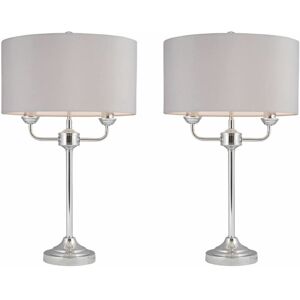 FIRST CHOICE LIGHTING Pair of Polished Chrome Twin Arm Table Lamp with Grey Cotton Shades - Polished chrome plate and grey cotton