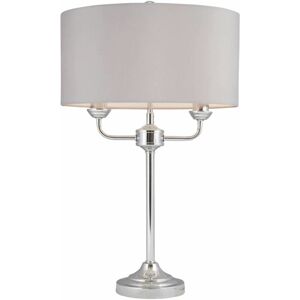 FIRST CHOICE LIGHTING Polished Chrome Twin Arm Table Lamp with Grey Cotton Shade - Polished chrome plate and grey cotton