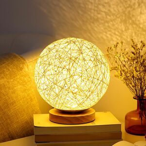 LANGRAY Rattan Bedside Lamp Rattan Table Lamp Moon Night Light with Wooden Base Warm Decoration for End Table Bedroom Living Room Cafe Room Baby Room