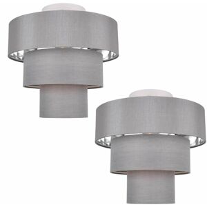 FIRST CHOICE LIGHTING Set of 2 Staggered 3 Tier Grey Faux Silk Slub Fabric Ceiling Flush Shade with Chrome Board Inner - Polished chrome plate and grey silk slub with