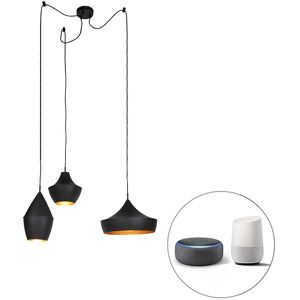 QAZQA Set of 3 smart hanging lamps black with gold incl. Wifi A60 - Depeche - Black