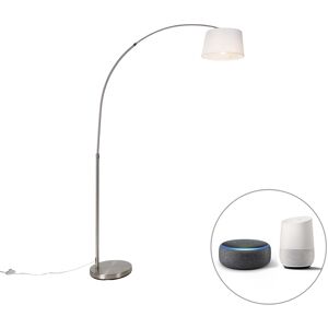 QAZQA Smart arc lamp steel with white fabric shade incl. Wifi A60 - Arc Basic - White