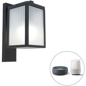 QAZQA Smart outdoor wall lantern black with ribbed glass incl. WiFi A60 - Charlois - Black