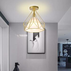 WOTTES Vintage Ceiling Light Gold Diamond Cage Pendant Lamp Shade for Hallway Bedroom Kitchen