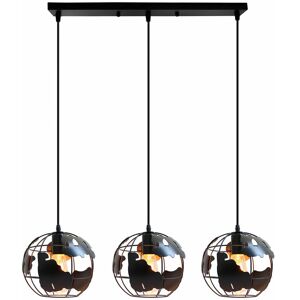 Wottes - Vintage Pendant Light Globe Map Hanging Ceiling Lamp Black Metal Chandelier 3 Lights