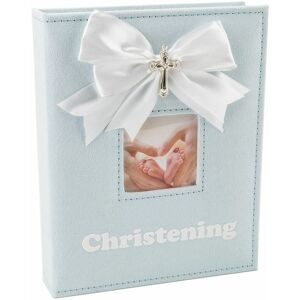 Happy Homewares - White Faux-Silk Bow and Silver Plated Cross Christening Photo Album in Blue by Blue