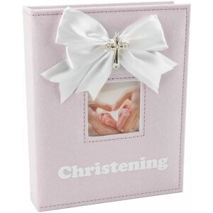 Happy Homewares - White Faux-Silk Bow and Silver Plated Cross Christening Photo Album in Pink by Pink