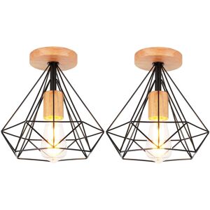 AXHUP 2 Pack Diamond Shape Ceiling Light Industrial E27 25cm Lampe Ceiling Light in Wood Metal for Corridor Stairs Entrance Bedroom Black