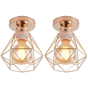WOTTES 2-pack Industrial Vintage Ceiling Lamp Semi Flush Mount Ceiling Light Fixture Metal Cage Lampshade Light Gold Ø16cm