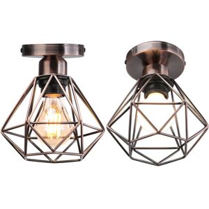WOTTES 2-pack Industrial Vintage Ceiling Lamp Semi Flush Mount Ceiling Light Fixture Metal Cage Lampshade Red Bronze Ø16cm