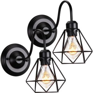 Wottes - 2-pack Industrial Wall Lamp Metal Geometric Cage Wall Lights Indoor Black Sconce