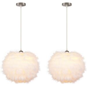 Wottes - 2-pack Modern Ceiling Pendant Light Feather Hanging Lamp Fixture White Round Chandelier Lampshade Ø30cm