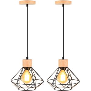 AXHUP 2 Pack Pendant Light Retro Vintage Chandelier Industrial Metal and Wood Cage Ceiling Light in Diamond Shape for Bedroom Living Room Black