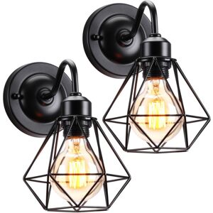Wottes - 2-pack Vintage Industrial Wall Lamp Metal Cage Wall Sconce Indoor Wall Light Black Ø16CM for Living Room Bedroom
