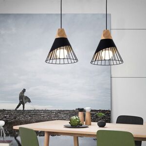 Axhup - 2pcs Chandelier Pendant Lamp Vintage Retro Cage Badminton Shape in Metal and Wood E27 25cm Ceiling Light Fixture Black