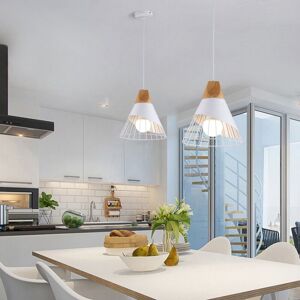 Axhup - 2pcs Chandelier Pendant Lamp Vintage Retro Cage Badminton Shape in Metal and Wood E27 25cm Ceiling Light Fixture White