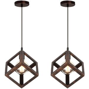 AXHUP 2pcs Creative Pendant Light Square, Modern Metal Geometric Hanging Ceiling Lamp Cube Cage Chandelier Fixture (Rust)