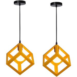 AXHUP 2pcs Creative Pendant Light Square, Modern Metal Geometric Hanging Ceiling Lamp Cube Cage Chandelier Fixture (Yellow)