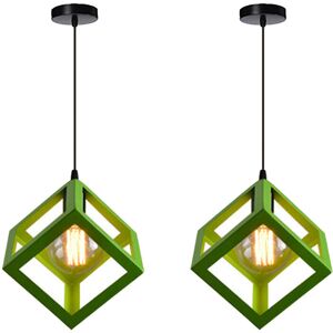 AXHUP 2pcs Creative Pendant Light Square, Modern Metal Geometric Hanging Ceiling Lamp Cube Cage Chandelier Fixture (Green)