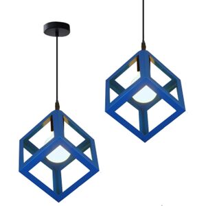 AXHUP 2pcs Creative Pendant Light Square, Modern Metal Geometric Hanging Ceiling Lamp Cube Cage Chandelier Fixture (Blue)