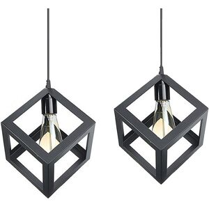 AXHUP 2pcs Creative Pendant Light Square, Modern Metal Geometric Hanging Ceiling Lamp Cube Cage Chandelier Fixture (Black)