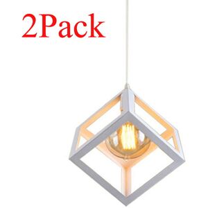 AXHUP 2pcs Creative Pendant Light Square, Modern Metal Geometric Hanging Ceiling Lamp Cube Cage Chandelier Fixture (White)