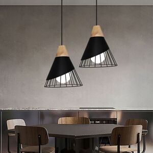 AXHUP 2pcs Industrial Chandelier Creative Lampshade Ø25cm in Badminton Shape in Metal and Wood Ceiling Light E27 Lamp for Bedroom Living Room Kitchen Black