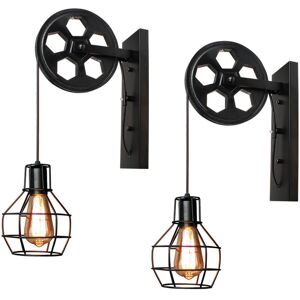 AXHUP 2pcs Vintage Wall Light Fixture Industrial Pulley Wall Lamp Creative Wall Sconce E27 (Black)