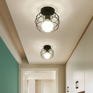 AXHUP Ceiling Lighting Fitting Vintage, Metal Round Cage Ceiling Lamp, Industrial Chandelier with Lampshade for Living Room Hallway Black 2PCS