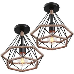 Axhup - 2pcs Ø25cm Dimaond Pendant Light Retro Hemp Rope Chandelier with Metal Cage Vintage Industrial Hanging Ceiling Lamp