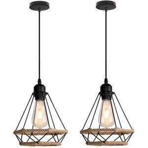 AXHUP 2x Pendant Lighting Fitting Vintage Black, Ø20cm Diamond Hanging Ceiling Lamp with Hemp Rope Industrial Metal Chandelier with Cage Lampshade (Black)