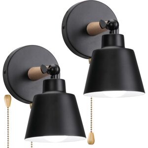 AXHUP 2X Wall Light, Modern Wooden Wall Lamp with eu Plug, Simple Wall Sconce Fixture with Metal Lampshade for Bedroom Living Room (Black)