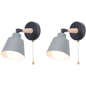 AXHUP 2X Wall Light, Modern Wooden Wall Lamp with eu Plug, Simple Wall Sconce Fixture with Metal Lampshade for Bedroom Living Room (Grey)