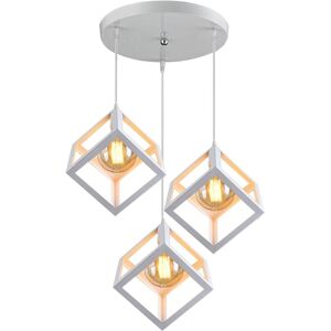 Axhup - 3 Lights Creative Square Pendant Light Modern Metal Geometric Hanging Ceiling Lamp Cube Cage Chandelier Fixture White