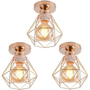 Wottes - 3-pack Industrial Vintage Ceiling Lamp Semi Flush Mount Ceiling Light Fixture Metal Cage Lampshade Light Gold Ø16cm