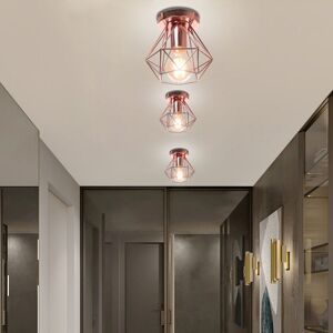 Wottes - 3-pack Industrial Vintage Ceiling Light Semi Flush Mount Ceiling Lamp Metal Cage Hanging Lighting Fixture Rose Gold Ø16cm