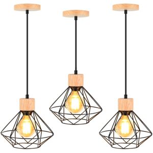 AXHUP 3 Pack Pendant Light Retro Vintage Chandelier Industrial Metal and Wood Cage Ceiling Light in Diamond Shape for Bedroom Living Room Black