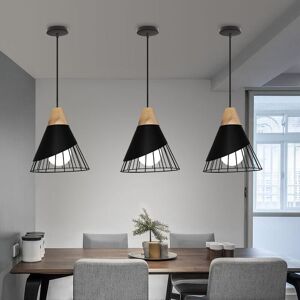 Axhup - 3pcs Chandelier Pendant Lamp Vintage Retro Cage Badminton Shape in Metal and Wood E27 25cm Ceiling Light Fixture Black