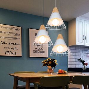 Axhup - 3pcs Chandelier Pendant Lamp Vintage Retro Cage Badminton Shape in Metal and Wood E27 25cm Ceiling Light Fixture White