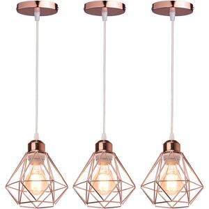 AXHUP 3pcs Vintage Pendant Lighting Fixture Ø16cm Mini Diamond Shape Iron Hanging Ceiling Lamp Cage Shade Chandelier for Bedroom Living Room Kitchen Island