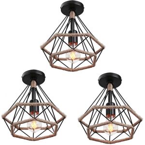 AXHUP 3pcs Industrial Pendant Light Retro Hemp Rope Chandelier with Metal Cage Vintage Ø25cm Dimaond Hanging Ceiling Lamp