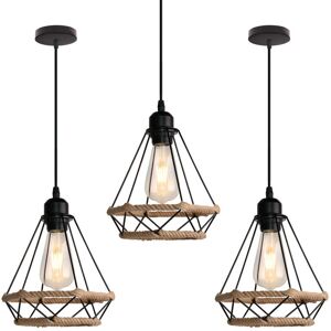 AXHUP 3x Pendant Lighting Fitting Vintage Black, Ø20cm Diamond Hanging Ceiling Lamp with Hemp Rope Industrial Metal Chandelier with Cage Lampshade (Black)